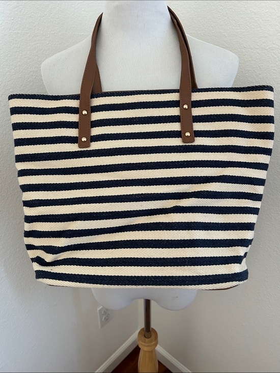 Forever 21 Handbags - Forever 21 Navy & Cream Striped Tote with Brown Handles